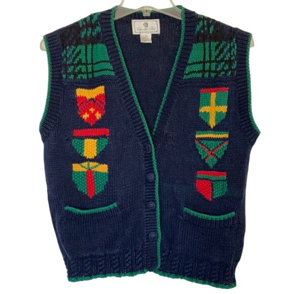 Chandler Hill Vintage Navy Blue Knit Crest Shields Cardigan Vest Medium